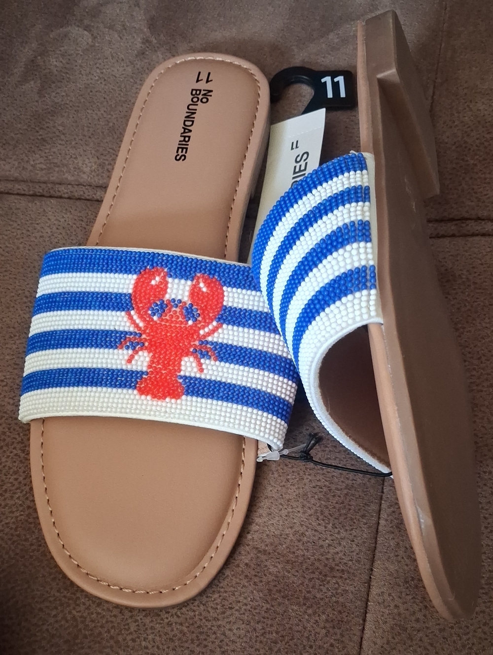 No Boundaries Blue, White & Red Lobster Beaded Slide Sandals Size 11